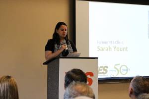 Sarah Yount, former YES client, speaks at YESs 50th anniversary celebration on Nov. 2. Madison Miller/staff photo.