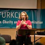 Tulin Yildiz speaks on the origin and significance of ashure in Turkish culture at Turkchas event at the Peter Kirk Community Center in Kirkland. Photo courtesy of Dilek Anderson