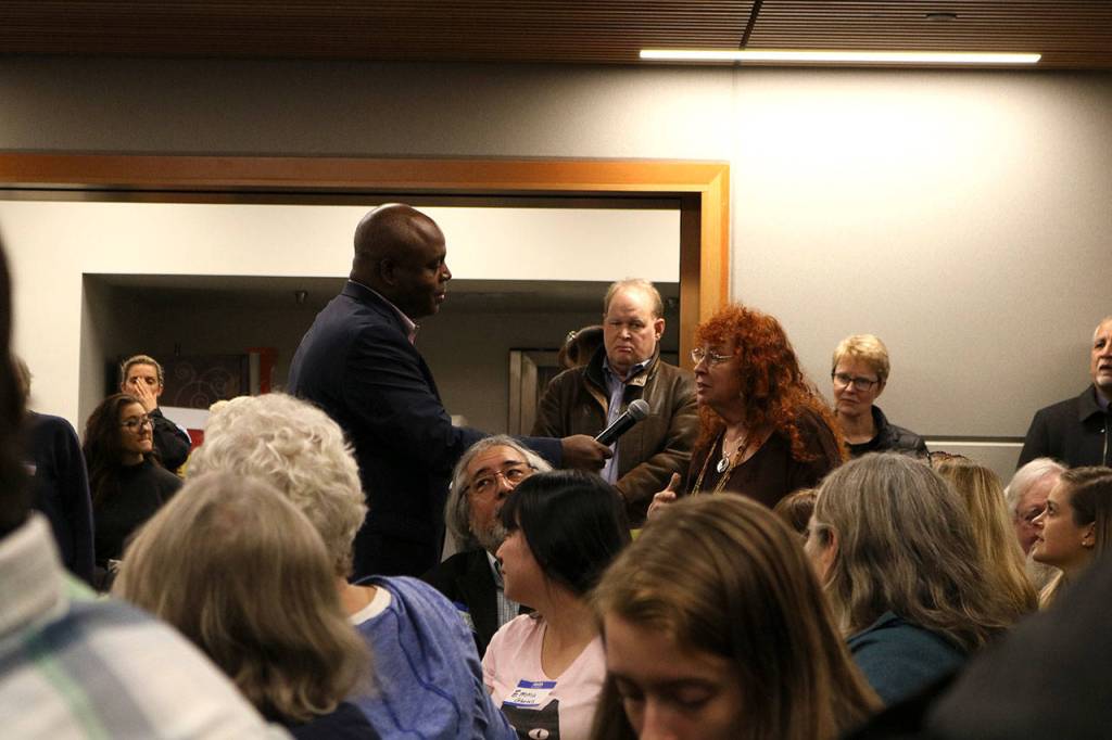 Community members state what they want to see changed as Kirkland moves forward from the Menchies incident. Other attendees would then hold up a number of fingers to indicate how much they agreed with the statement. Kailan Manandic, staff photo