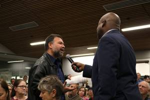 Community members state what they want to see changed as Kirkland moves forward from the Menchies incident. Other attendees would then hold up a number of fingers to indicate how much they agreed with the statement. Kailan Manandic, staff photo