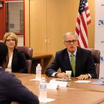 Gov. Jay Inslee learns how LWTech students are achieving their potential through Career Connect Washington initiative. From left: Dr. Amy Morrison Goings, Tevin Wright, and Gov. Jay Inslee. Madison Miller/staff photo.