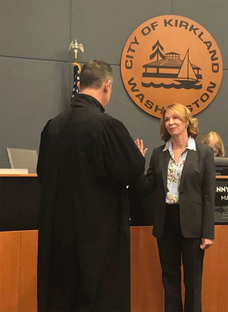 Kelli Curtis is sworn in to serve on the Kirkland City Council on March 5. Photo via Twitter