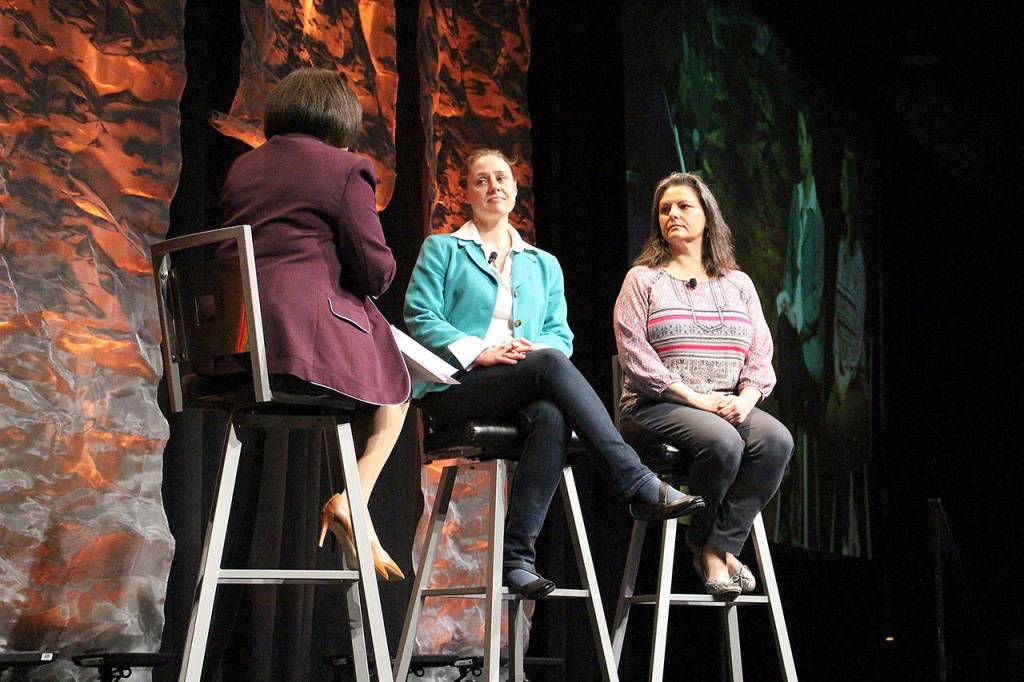 A.G. Noble and Michelle Brode, both YES counselors, discuss the causes of addiction and substance abuse in youth. Madison Miller/staff photo