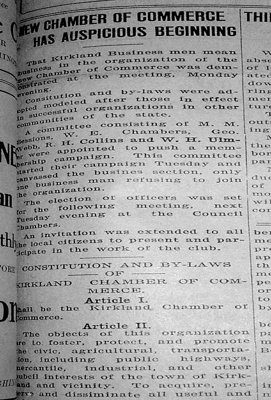 The Kirkland Heritage Society uncovered microfilm of old newspaper clippings that last year confirmed the Greater Kirkland Chamber of Commerce was incorporated in 1919. Photo courtesy of the Greater Kirkland chamber of Commerce