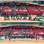 Lake Washington High placed first in military and second in pom at the 3A dance/drill state championships on March 22 at the Yakima Valley SunDome. Pictured are the Kangs performing their military (top) and pom routines. Courtesy photos