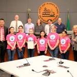 Ayuka Sakak, Hadley Cole, KJ Bradley, Cate Harrington, Willow Cook and Shreya Jaisingh of the LEGO Lassies were acknowledged for their accomplishments at the Kirkland City Council meeting on April 2. Courtesy photo.