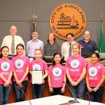 Ayuka Sakak, Hadley Cole, KJ Bradley, Cate Harrington, Willow Cook and Shreya Jaisingh of the LEGO Lassies were acknowledged for their accomplishments at the Kirkland City Council meeting on April 2. Courtesy photo.
