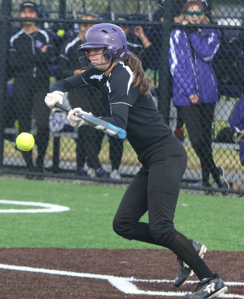 LWs Adelaide Sapirstein bunts her way aboard base against Bainbridge. She stole second and Emma Rosendal tripled her home. Andy Nystrom / staff photo