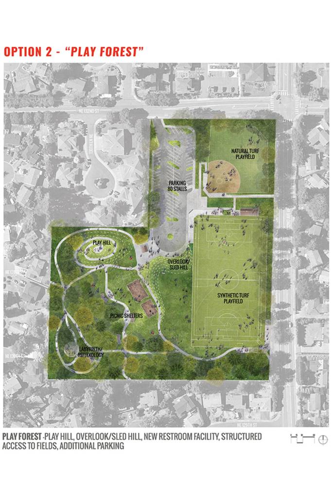Option 2  Play Forest  features new buildings and a more parking spaces, among other things. Rendering courtesy of city of Kirkland