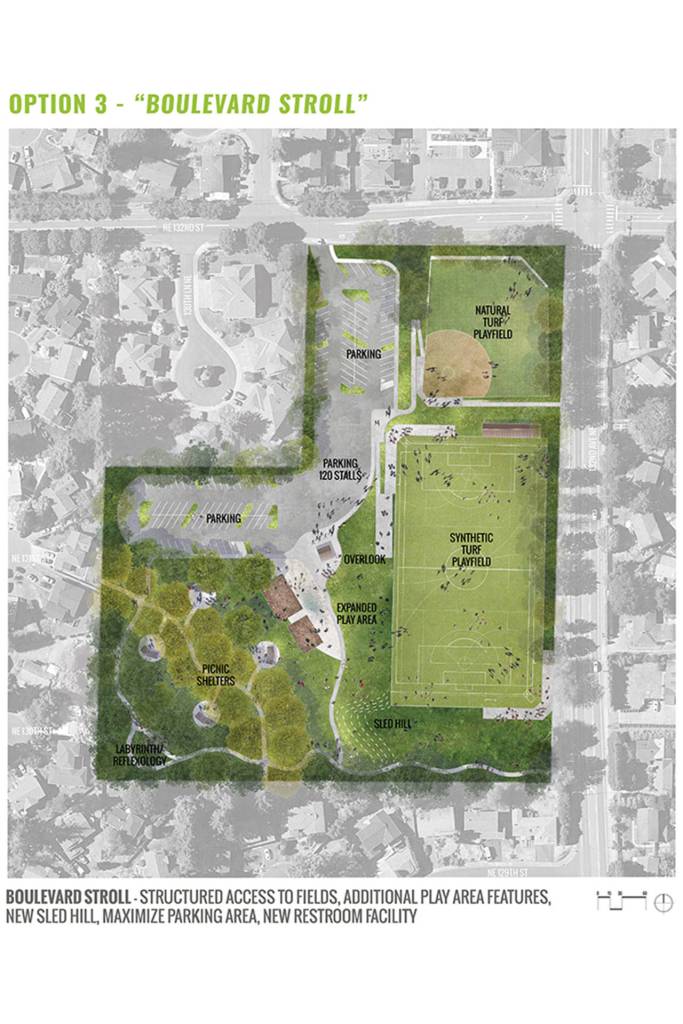 Option 3  Boulevard Stroll  offers 60 additional parking spaces, although this course of action would be the most expensive. Rendering courtesy of city of Kirkland