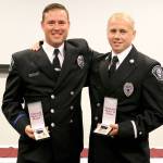 Firefighter Jesse Martindale (left) and Lt. Tyrel Koistinen received Medals of Valor from the Kirkland Fire Department for rescuing an injured driver during the February 2019 snowfall. Courtesy Photo