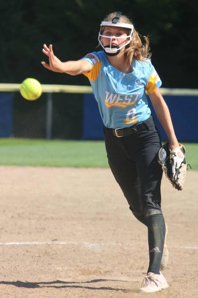 A West player from Four Peaks Softball Little League  Mesa, Arizona  unleashes a pitch on July 28. Andy Nystrom/ staff photo