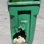Hot coals can lead to a fire that can melt a garbage container. Photo courtesy of Waste Management