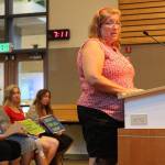 Madison Miller/staff photo                                Melody Kieffer, an office manager at Laura Ingalls Wilder Elementary School, addresses the school board on Monday.