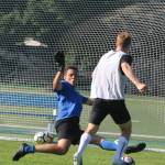 Freshman goalkeeper Alex Thiehofe from Germany defends the net during practice. Andy Nystrom/ staff photo