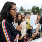 Madison Miller/staff photo                                Eastlake High School junior, Layasri Ranjith, addresses the crowd at Fridays climate strike.