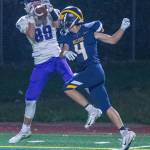 Lake Washington wide receiver Evan Liggett catches a touchdown pass during a 42-21 loss to Bellevue on Oct. 4. Photo courtesy of Stephanie Ault Justus