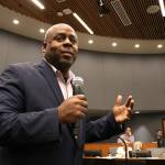 Kailan Manandic/staff photo                                 James Whitfield speaks at a community-led town hall meeting at Kirkland City Hall on Nov. 27, 2018 following an incident at Menchies Frozen Yogurt Shop in which the police was called on a black man.