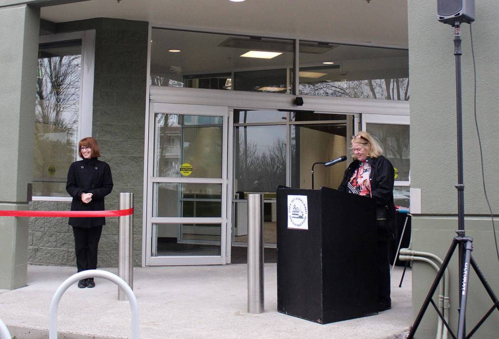 Lynne Zwaagstra (left) and Penny Sweet (right) said a few words before the ribbon-cutting. Blake Peterson/staff photo