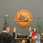 New councilmember Amy Falcone, accompanied by her children, being sworn in. Photo courtesy city of Kirkland