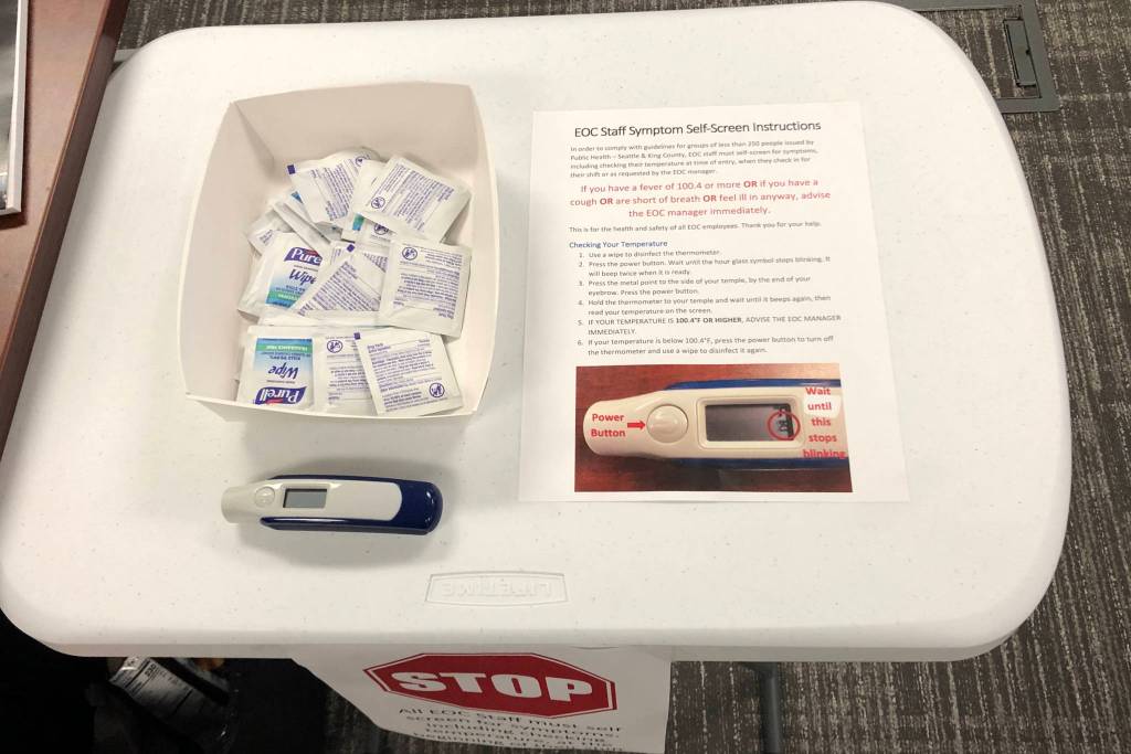 The Emergency Operation Centers employee self-screen table in Kirkland City Hall on March 13. Mitchell Atencio/ Staff Photo