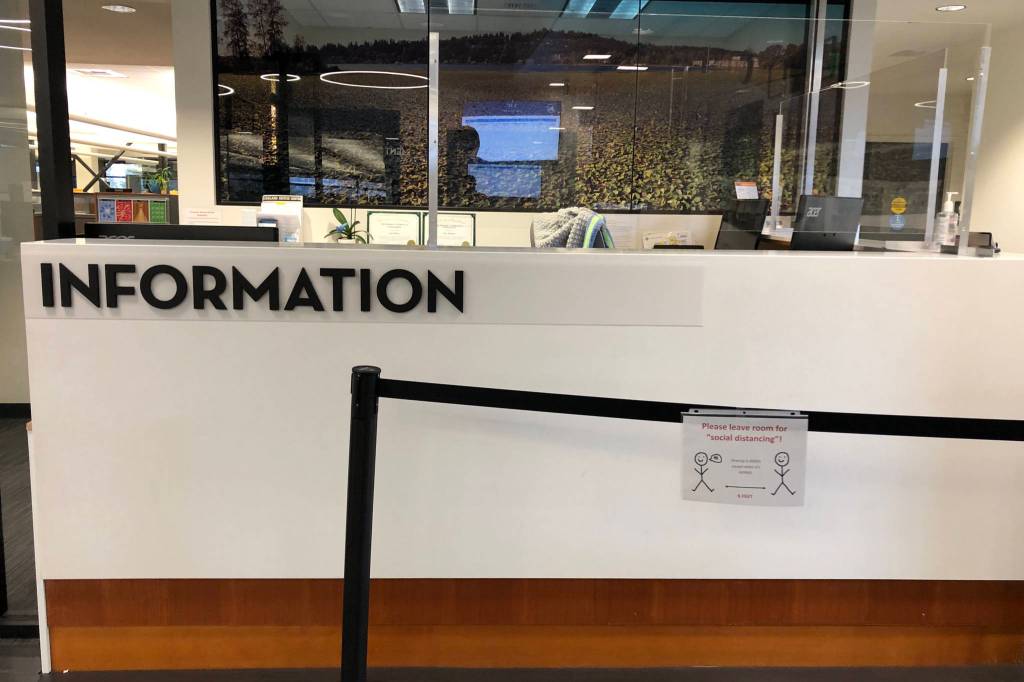 The information desk at Kirkland City Hall on March 13. Mitchell Atencio/ Staff Photo