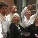 Leslie Foley (center) with volunteer Caroline Atwood and actors Michael Faulkner, Tiger Reel and Dan Saski at the Northshore Performing Arts Foundations Reduced Shakespeare show last October. Photo courtesy NPAF
