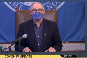 Screenshot from Gov. Jay Inslees press conference March 11, 2021.
