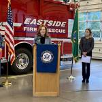 U.S. Rep. Kim Schrier speaks about State Route 18 at a press conference in North Bend on Monday, Dec. 13. From left: WSP Captain Ron Mead, Schrier, WSDOT Deputy Secretary Amy Scarton, Snoqualmie Tribal Chairman Robert de Los Angeles. Photo Courtesy of Eastside Fire Rescue.