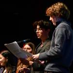 Mercer Island High School students Ava Zhang, Lucy Dorer, Julius Perez and Jon Anderson take the spotlight at the School Funding Crisis Eastside Town Hall. Andy Nystrom/ staff photo