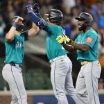 Randy Arozarena cheers as Geno Suarez hits a home run in the first inning. Photo credit Ben VanHouten/Seattle Mariners