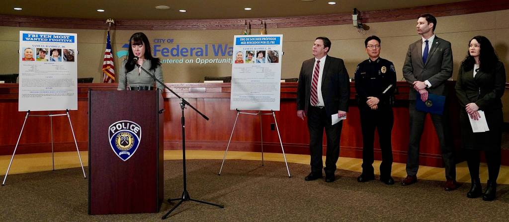 Federal Bureau of Investigation Seattle Public Affairs Specialist Amy Alexander, Federal Way Mayor Jim Ferrell, Federal Way Police Department Chief Andy Hwang, FBI Special Agent in Charge Mike Harrington and Assistant U.S. Attorney for the Western District of Washington Crystal Correa. Photo by Joshua Solorzano/The Mirror.