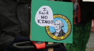 A sign from a No Kings protest in Renton in 2025. Photo by Bailey Jo Josie/Sound Publishing